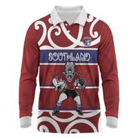 Southland Custom Rugby New Zealand Long Sleeve Polo Shirt Aotearoa Maori Pukana Tiki Mascot
