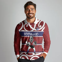 Southland Custom Rugby New Zealand Long Sleeve Polo Shirt Aotearoa Maori Pukana Tiki Mascot