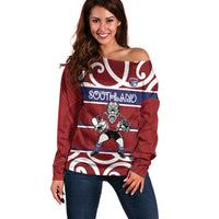 Southland Custom Rugby New Zealand Off Shoulder Sweater Aotearoa Maori Pukana Tiki Mascot