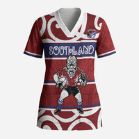 Southland Custom Rugby New Zealand Scrub Top Aotearoa Maori Pukana Tiki Mascot