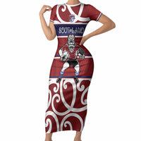 Southland Custom Rugby New Zealand Short Sleeve Bodycon Dress Aotearoa Maori Pukana Tiki Mascot