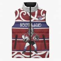Southland Custom Rugby New Zealand Sleeveless Puffer Jacket Aotearoa Maori Pukana Tiki Mascot
