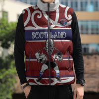 Southland Custom Rugby New Zealand Sleeveless Puffer Jacket Aotearoa Maori Pukana Tiki Mascot