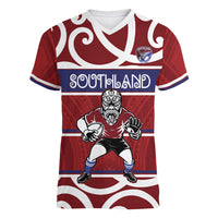 Southland Custom Rugby New Zealand Women V-Neck T-Shirt Aotearoa Maori Pukana Tiki Mascot