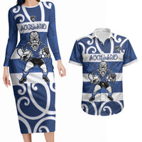 Auckland Custom Rugby New Zealand Couples Matching Long Sleeve Bodycon Dress and Hawaiian Shirt Aotearoa Maori Pukana Tiki Mascot