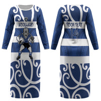 Auckland Custom Rugby New Zealand Couples Matching Long Sleeve Bodycon Dress and Hawaiian Shirt Aotearoa Maori Pukana Tiki Mascot