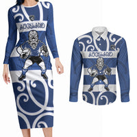 Auckland Custom Rugby New Zealand Couples Matching Long Sleeve Bodycon Dress and Long Sleeve Button Shirt Aotearoa Maori Pukana Tiki Mascot