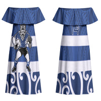 Auckland Custom Rugby New Zealand Couples Matching Off Shoulder Maxi Dress and Hawaiian Shirt Aotearoa Maori Pukana Tiki Mascot