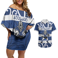 Auckland Custom Rugby New Zealand Couples Matching Off Shoulder Short Dress and Hawaiian Shirt Aotearoa Maori Pukana Tiki Mascot