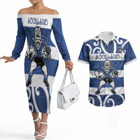 Auckland Custom Rugby New Zealand Couples Matching Off The Shoulder Long Sleeve Dress and Hawaiian Shirt Aotearoa Maori Pukana Tiki Mascot