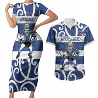 Auckland Custom Rugby New Zealand Couples Matching Short Sleeve Bodycon Dress and Hawaiian Shirt Aotearoa Maori Pukana Tiki Mascot