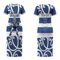 Auckland Custom Rugby New Zealand Couples Matching Short Sleeve Bodycon Dress and Hawaiian Shirt Aotearoa Maori Pukana Tiki Mascot