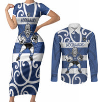 Auckland Custom Rugby New Zealand Couples Matching Short Sleeve Bodycon Dress and Long Sleeve Button Shirt Aotearoa Maori Pukana Tiki Mascot