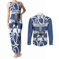 Auckland Custom Rugby New Zealand Couples Matching Tank Maxi Dress and Long Sleeve Button Shirt Aotearoa Maori Pukana Tiki Mascot