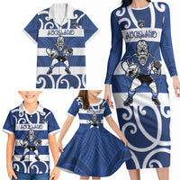Auckland Custom Rugby New Zealand Family Matching Long Sleeve Bodycon Dress and Hawaiian Shirt Aotearoa Maori Pukana Tiki Mascot