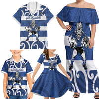 Auckland Custom Rugby New Zealand Family Matching Off Shoulder Maxi Dress and Hawaiian Shirt Aotearoa Maori Pukana Tiki Mascot