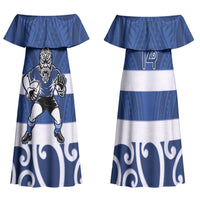 Auckland Custom Rugby New Zealand Family Matching Off Shoulder Maxi Dress and Hawaiian Shirt Aotearoa Maori Pukana Tiki Mascot