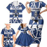 Auckland Custom Rugby New Zealand Family Matching Short Sleeve Bodycon Dress and Hawaiian Shirt Aotearoa Maori Pukana Tiki Mascot