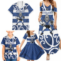 Auckland Custom Rugby New Zealand Family Matching Summer Maxi Dress and Hawaiian Shirt Aotearoa Maori Pukana Tiki Mascot