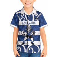 Auckland Custom Rugby New Zealand Kid Hawaiian Shirt Aotearoa Maori Pukana Tiki Mascot