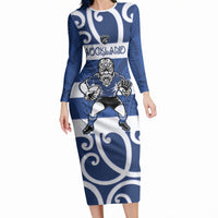 Auckland Custom Rugby New Zealand Long Sleeve Bodycon Dress Aotearoa Maori Pukana Tiki Mascot