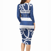 Auckland Custom Rugby New Zealand Long Sleeve Bodycon Dress Aotearoa Maori Pukana Tiki Mascot
