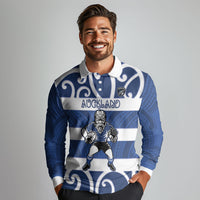 Auckland Custom Rugby New Zealand Long Sleeve Polo Shirt Aotearoa Maori Pukana Tiki Mascot