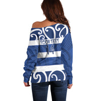 Auckland Custom Rugby New Zealand Off Shoulder Sweater Aotearoa Maori Pukana Tiki Mascot