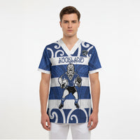 Auckland Custom Rugby New Zealand Scrub Top Aotearoa Maori Pukana Tiki Mascot