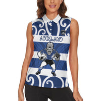 Auckland Custom Rugby New Zealand Women Sleeveless Polo Shirt Aotearoa Maori Pukana Tiki Mascot