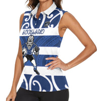 Auckland Custom Rugby New Zealand Women Sleeveless Polo Shirt Aotearoa Maori Pukana Tiki Mascot