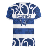 Auckland Custom Rugby New Zealand Women V-Neck T-Shirt Aotearoa Maori Pukana Tiki Mascot
