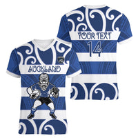 Auckland Custom Rugby New Zealand Women V-Neck T-Shirt Aotearoa Maori Pukana Tiki Mascot