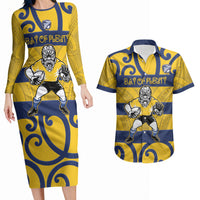 Bay of Plenty Custom Rugby New Zealand Couples Matching Long Sleeve Bodycon Dress and Hawaiian Shirt Aotearoa Maori Pukana Tiki Mascot