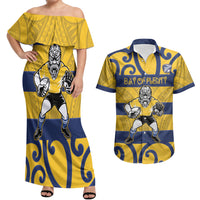 Bay of Plenty Custom Rugby New Zealand Couples Matching Off Shoulder Maxi Dress and Hawaiian Shirt Aotearoa Maori Pukana Tiki Mascot