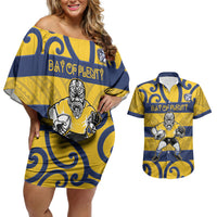 Bay of Plenty Custom Rugby New Zealand Couples Matching Off Shoulder Short Dress and Hawaiian Shirt Aotearoa Maori Pukana Tiki Mascot