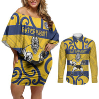 Bay of Plenty Custom Rugby New Zealand Couples Matching Off Shoulder Short Dress and Long Sleeve Button Shirt Aotearoa Maori Pukana Tiki Mascot
