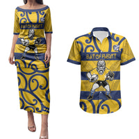Bay of Plenty Custom Rugby New Zealand Couples Matching Puletasi and Hawaiian Shirt Aotearoa Maori Pukana Tiki Mascot