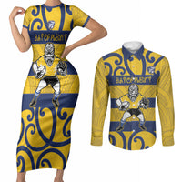 Bay of Plenty Custom Rugby New Zealand Couples Matching Short Sleeve Bodycon Dress and Long Sleeve Button Shirt Aotearoa Maori Pukana Tiki Mascot