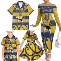 Bay of Plenty Custom Rugby New Zealand Family Matching Off The Shoulder Long Sleeve Dress and Hawaiian Shirt Aotearoa Maori Pukana Tiki Mascot