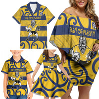 Bay of Plenty Custom Rugby New Zealand Family Matching Off Shoulder Short Dress and Hawaiian Shirt Aotearoa Maori Pukana Tiki Mascot