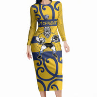 Bay of Plenty Custom Rugby New Zealand Long Sleeve Bodycon Dress Aotearoa Maori Pukana Tiki Mascot