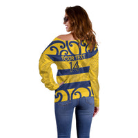 Bay of Plenty Custom Rugby New Zealand Off Shoulder Sweater Aotearoa Maori Pukana Tiki Mascot