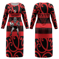Canterbury Custom Rugby New Zealand Couples Matching Long Sleeve Bodycon Dress and Hawaiian Shirt Aotearoa Maori Pukana Tiki Mascot