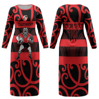 Canterbury Custom Rugby New Zealand Couples Matching Long Sleeve Bodycon Dress and Long Sleeve Button Shirt Aotearoa Maori Pukana Tiki Mascot