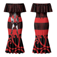 Canterbury Custom Rugby New Zealand Couples Matching Mermaid Dress and Long Sleeve Button Shirt Aotearoa Maori Pukana Tiki Mascot