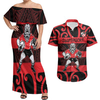 Canterbury Custom Rugby New Zealand Couples Matching Off Shoulder Maxi Dress and Hawaiian Shirt Aotearoa Maori Pukana Tiki Mascot