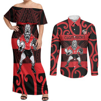 Canterbury Custom Rugby New Zealand Couples Matching Off Shoulder Maxi Dress and Long Sleeve Button Shirt Aotearoa Maori Pukana Tiki Mascot