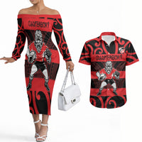 Canterbury Custom Rugby New Zealand Couples Matching Off The Shoulder Long Sleeve Dress and Hawaiian Shirt Aotearoa Maori Pukana Tiki Mascot