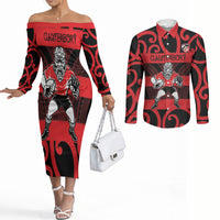 Canterbury Custom Rugby New Zealand Couples Matching Off The Shoulder Long Sleeve Dress and Long Sleeve Button Shirt Aotearoa Maori Pukana Tiki Mascot